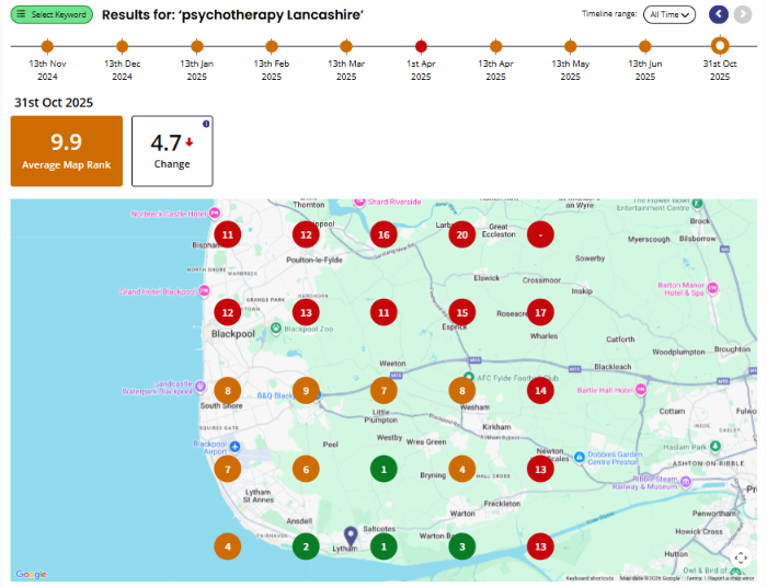Area visibility for "psychotherapy Lancashire" searches in 2025.